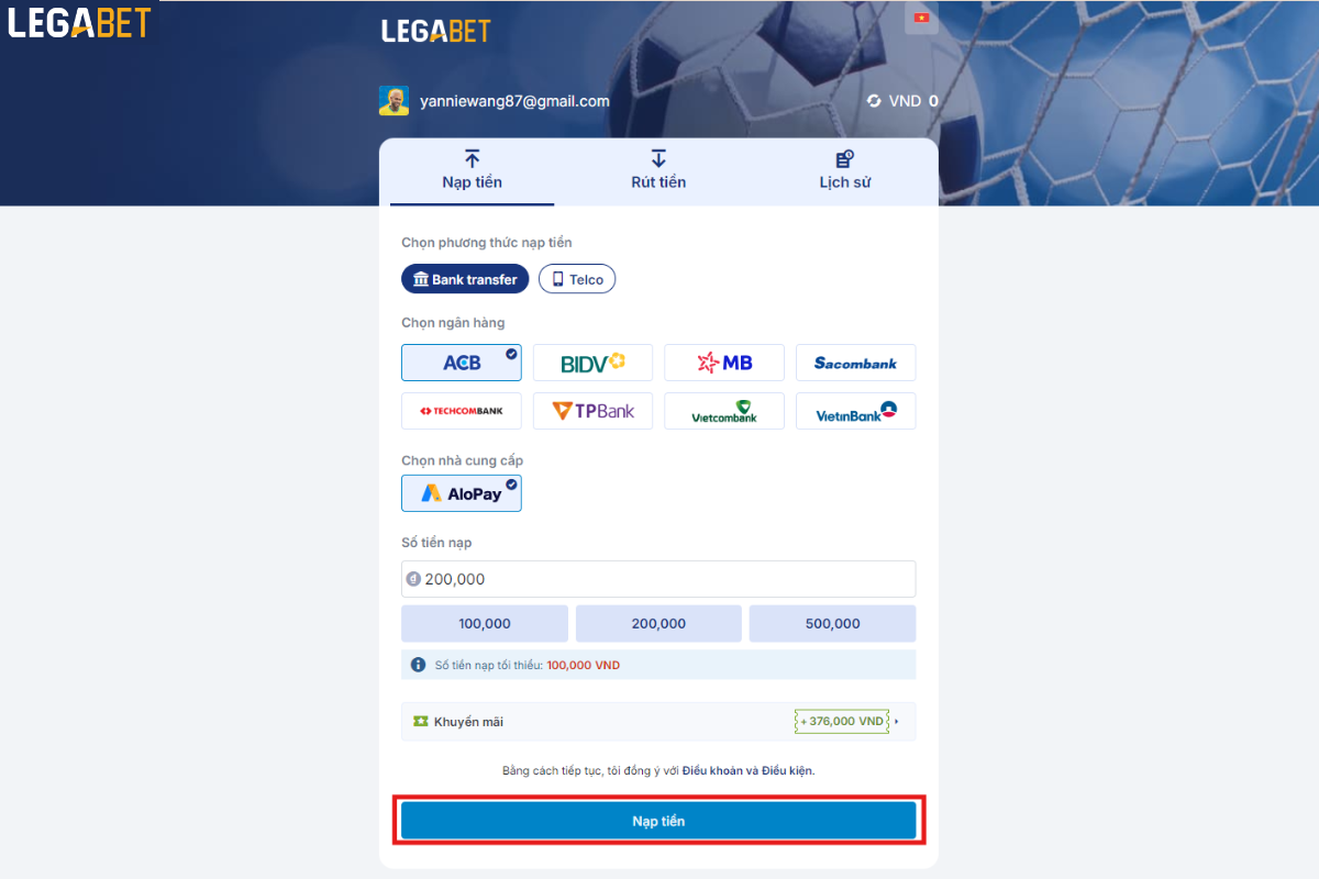 Nút bấm nạp tiền LegaBet để chuyển đến trang thanh toán Alopay